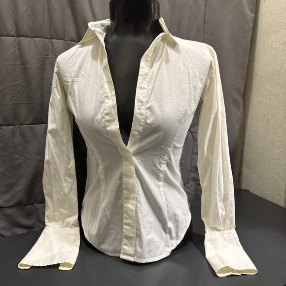 Moda International Button Up Shirt Women’s Size 2XS Ivory Long Sleeve Collared - Picture 6 of 16